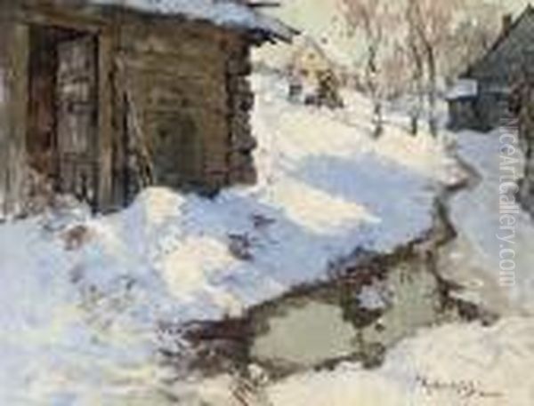 The Last Snow; And Snow Covered Village Oil Painting by Konstantin Ivanovich Gorbatov