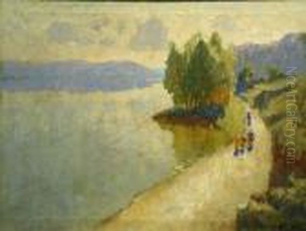 Figures Along A Lake Oil Painting by Konstantin Ivanovich Gorbatov