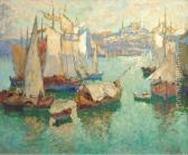 Constantinople Harbour Oil Painting by Konstantin Ivanovich Gorbatov