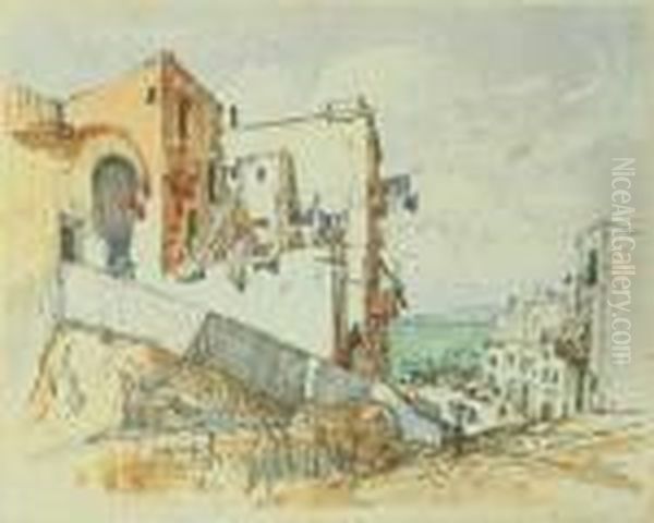 Strassenszene Auf Capri. 
Signiert Und Datiert Unten Links: C. Gorbatoff/1927/capri Bzw. Unten 
Rechts: C. Gorbatoff. Farbkreiden Und Aquarell Auf Papier . H 33,2; B 
41,2 Cm Oil Painting by Konstantin Ivanovich Gorbatov