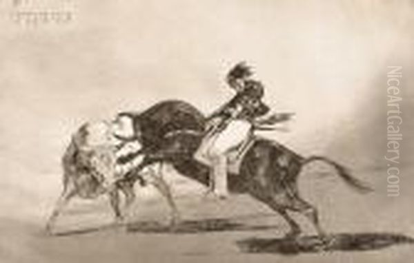 El Mismo Ceballos Montado Sobre Otro Toro Oil Painting by Francisco Goya Fuendetodos