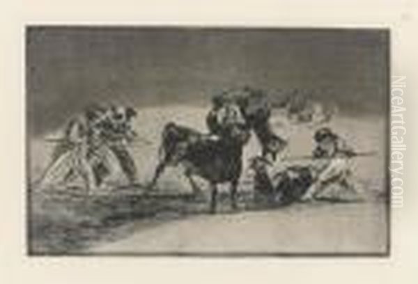 Palenque De Los Moros Hecho Con Burros, Plate 17 From : Tauromaquia Oil Painting by Francisco Goya Fuendetodos
