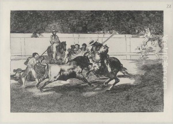 El Diestrisimo Estudiante De Falces, Embozado Burla Al Toro Consus Quiebros Oil Painting by Francisco Goya Fuendetodos