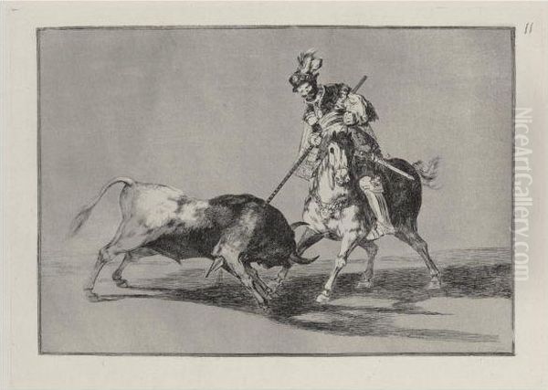 Modo Con Que Los Antiguos Espanoles Cazaban Los Toros A Caballo Enel Campo Oil Painting by Francisco Goya Fuendetodos