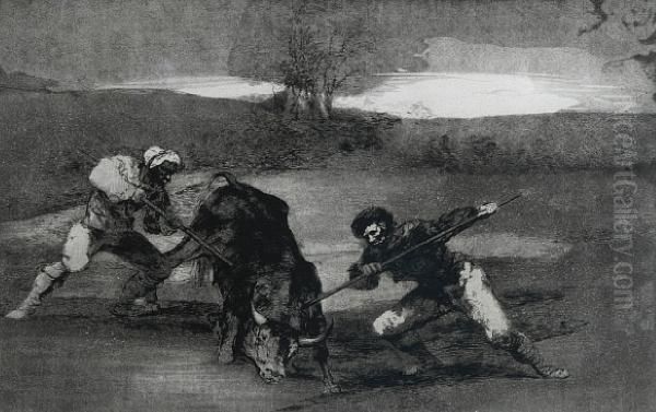 Otro Modo De Caza A Pie, From Tauromaquia Oil Painting by Francisco Goya Fuendetodos
