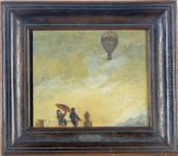 Figures On A Balcony Watching A Hot Air Balloon Oil Painting by Francisco Goya Fuendetodos