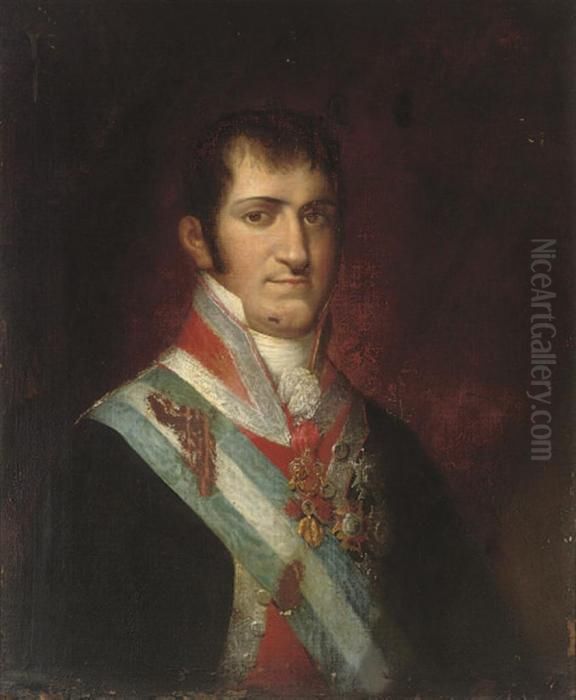 Portrait Of A Spanish Nobleman, Half-length, Wearing A Blue Andwhite Sash And Medals Oil Painting by Francisco Goya Fuendetodos