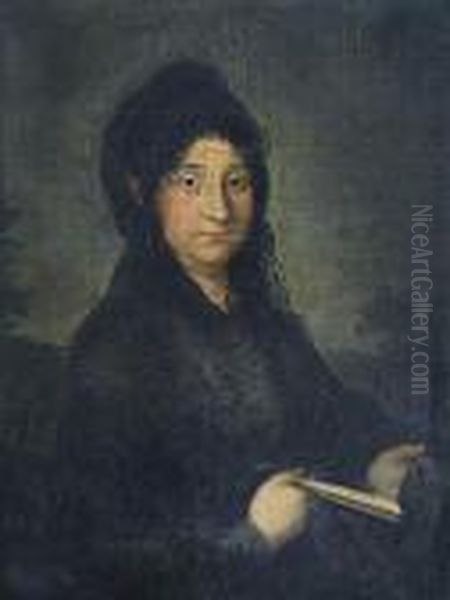 Retrato De Dama Con Mantilla Negra Y Un Abanico En Su Mano Derecha Oil Painting by Francisco Goya Fuendetodos