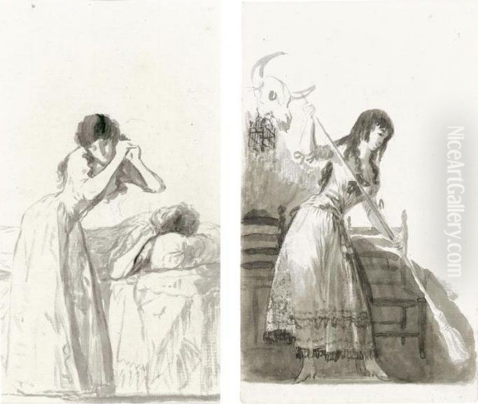 Recto: A Young Woman Arranging 
Her Hair Beside A Bed On Which Another Woman Is Resting; Verso: A Young
 Woman Sweeping In A Tavern Oil Painting by Francisco Goya Fuendetodos