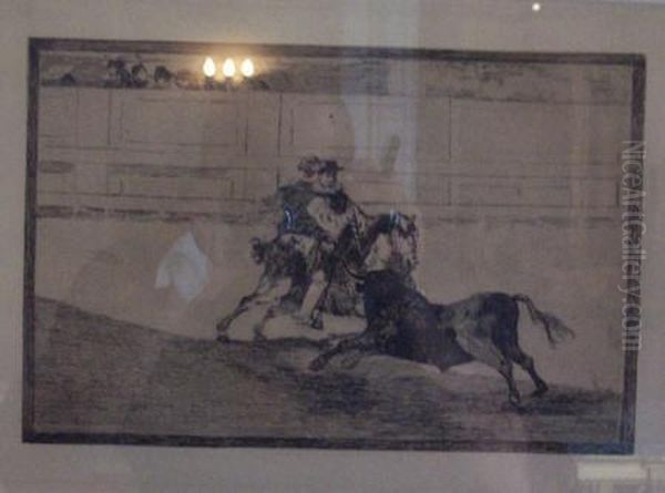 Un Caballero Espanol En Plaza Quebrando Rejoncillos Sin Auxilio Delos Chulos Oil Painting by Francisco Goya Fuendetodos