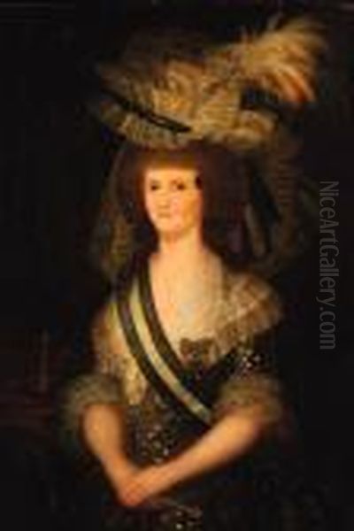 Portrait Of Queen Maria Louisa 
Of Spain, Half-length, In Anembroidered Dress, An Order Sash And A 
Feathered Hat, Standing By Acrown, Holding A Fan Oil Painting by Francisco Goya Fuendetodos