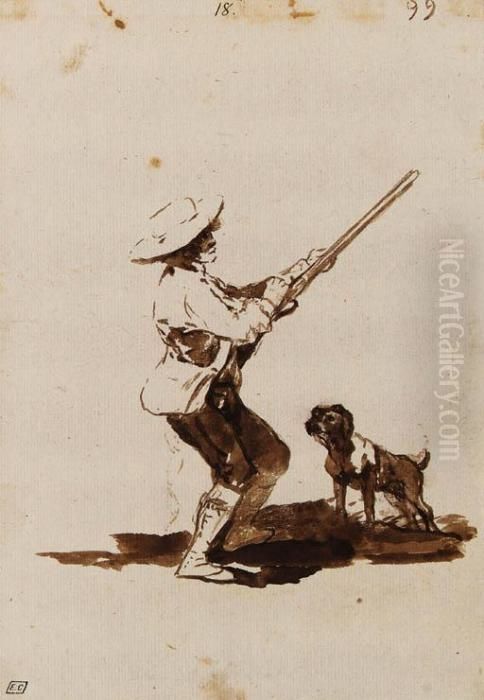 A Hunter Loading His Gun, Accompanied By His Dog Oil Painting by Francisco Goya Fuendetodos