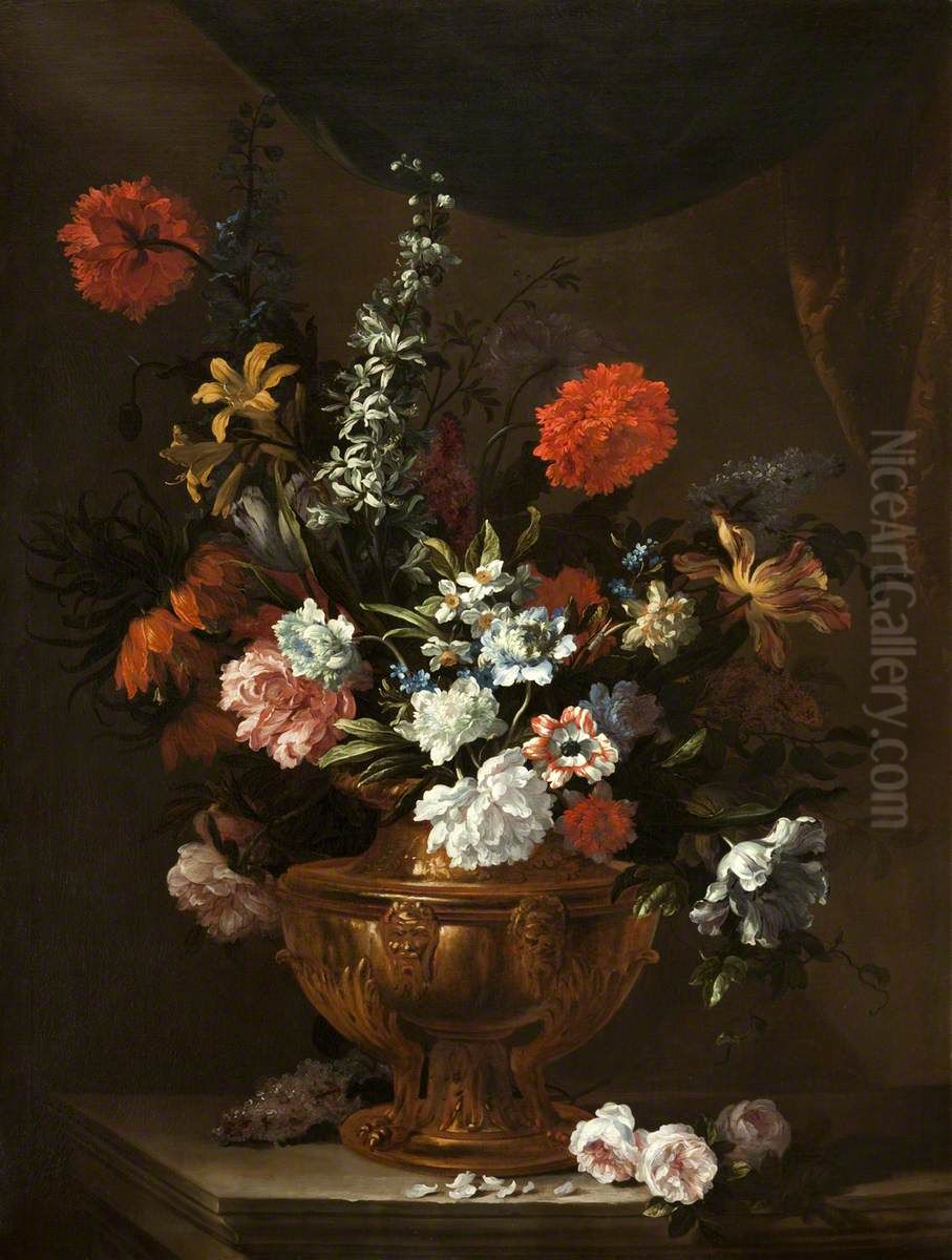 Flowers in a Sculptured Vase Oil Painting by Jean-Baptiste Monnoyer