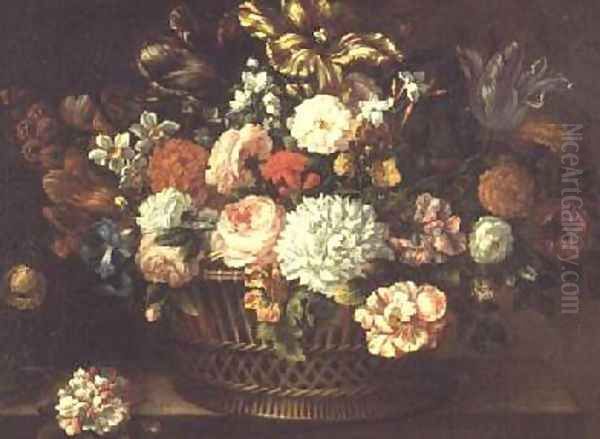 Peonies tulips narcissi and other flowers in a basket Oil Painting by Jean-Baptiste Monnoyer
