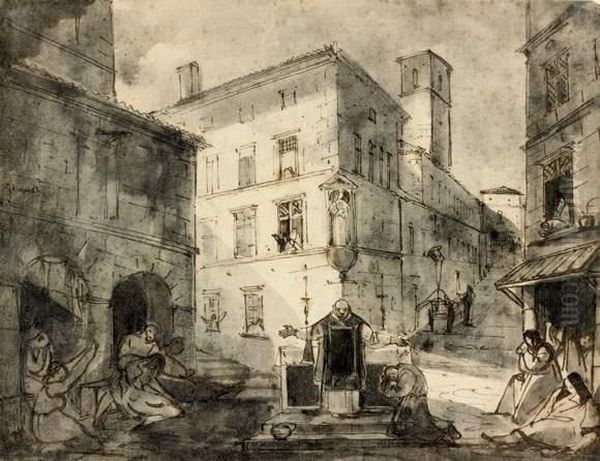 Office Religieux En Plein Air Sur Une Place Romaine
 Plume Et Encre Brune Sur Trait De Crayon Noir, Lavis Gris Oil Painting by Francois-Marius Granet