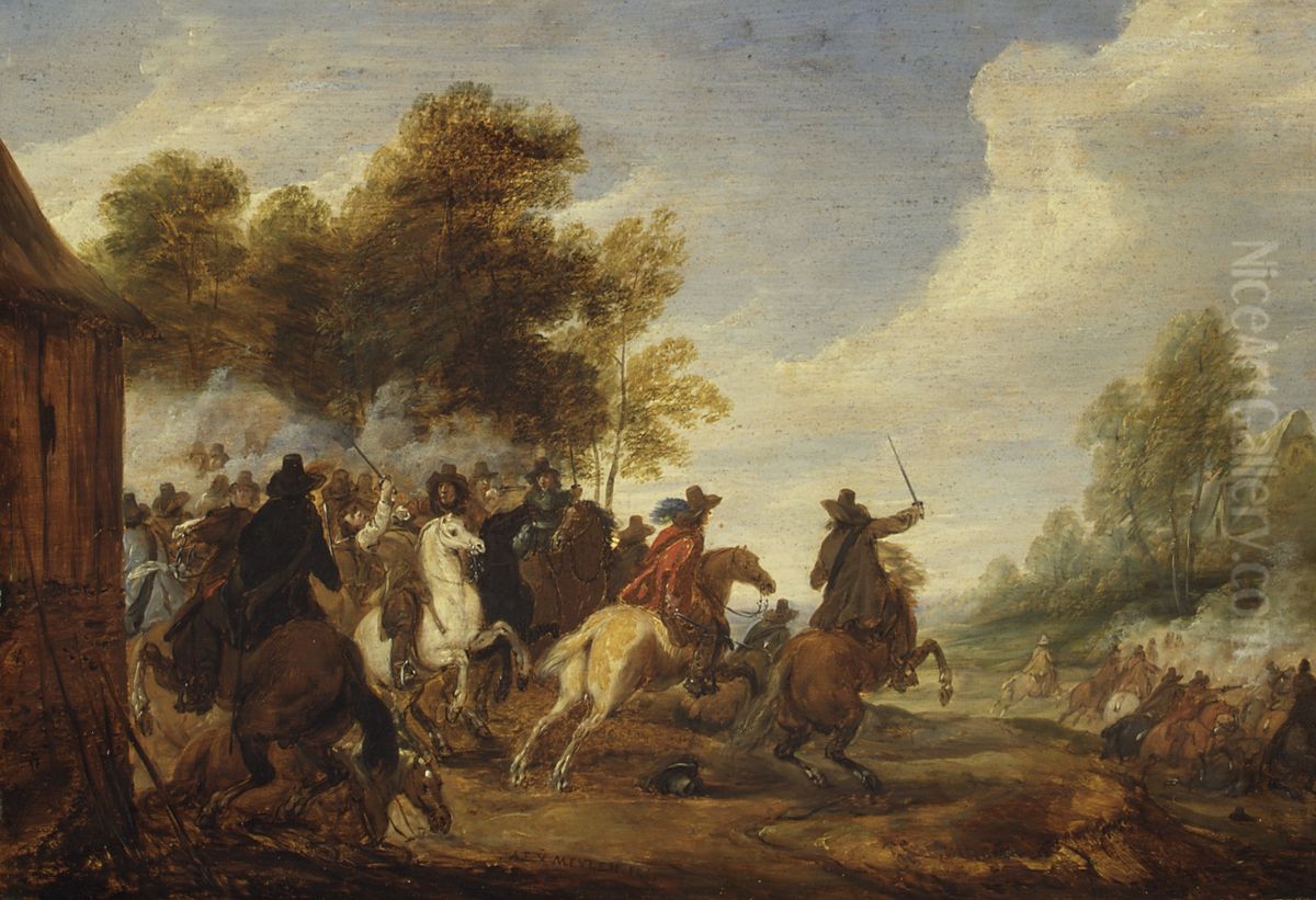 A Cavalry Engagement Oil Painting by Adam Frans van der Meulen