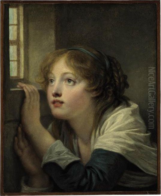 A Young Girl At A Window Oil Painting by Jean Baptiste Greuze