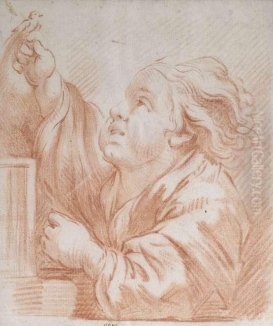 A Young Boy Playing With A Bird. Oil Painting by Jean Baptiste Greuze