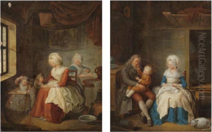 An Interior With A Couple Playing With Their Child Oil Painting by Jean Baptiste Greuze