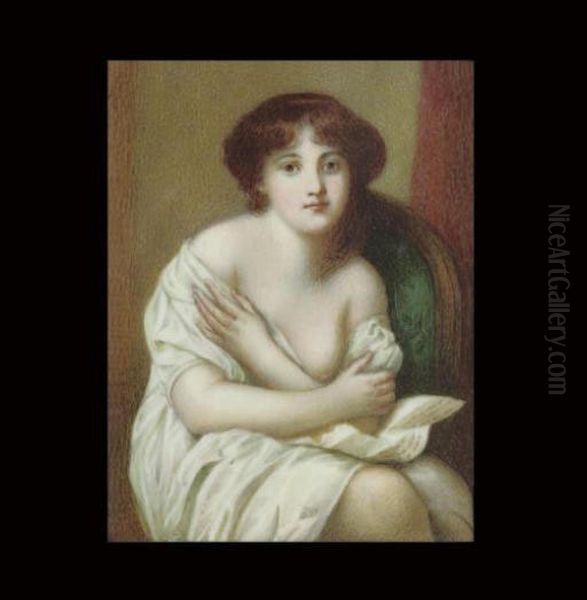 A Young Lady, Seated On Green 
Upholstered Chair, Loosely Dressed In White Shift, Her Breast Bared Oil Painting by Jean Baptiste Greuze