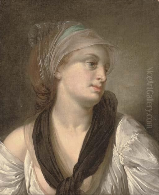 Portrait Of A Lady, Bust-length,
 In A White Dress And Black Shawl, A Blue And White Scarf In Her Hair Oil Painting by Jean Baptiste Greuze