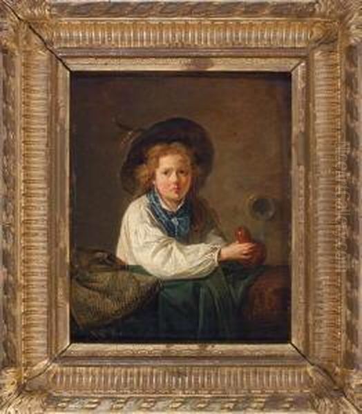 Portrait Einesblondgelockten 
Bauernknaben Mit Grosem Hut Vor Einem Wasserspeier,eine Kalebasse In Der
 Rechten Haltend Oil Painting by Jean Baptiste Greuze