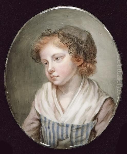 Anna Greuze, Wearing Blue And 
White Striped Bodice With Mauve Sleeves, A Black Lace Trimmed Cap Over 
Her Auburn Hair Oil Painting by Jean Baptiste Greuze