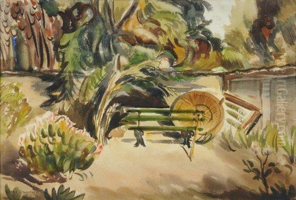 Coin De Jardin Au Banc Et Parasol Oil Painting by Boris Dmitrievich Grigoriev