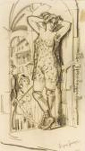 Prostitute In Doorway Oil Painting by Boris Dmitrievich Grigoriev