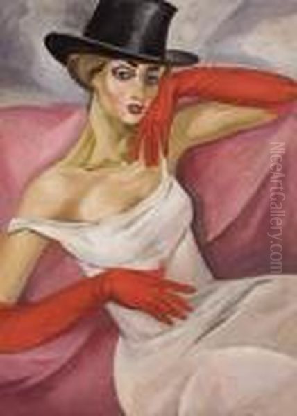 Lady In Top Hat Oil Painting by Boris Dmitrievich Grigoriev