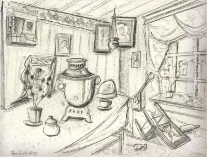 Russian Interior Oil Painting by Boris Dmitrievich Grigoriev