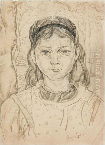 Portrait Of A Russian Village Girl. Oil Painting by Boris Dmitrievich Grigoriev