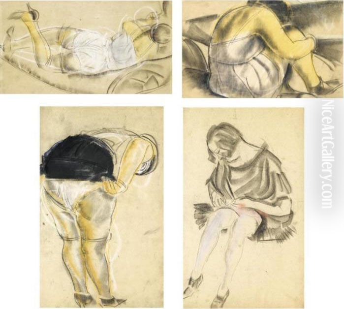 A Group Of 4 Erotic Drawings Oil Painting by Boris Dmitrievich Grigoriev
