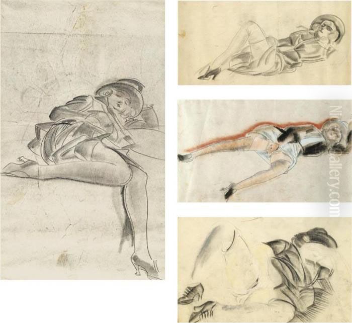 A Group Of 3 Erotic Drawings , One Double-sided Oil Painting by Boris Dmitrievich Grigoriev