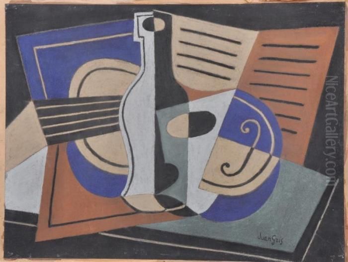 A Bottle, 
Guitar And Music Oil Painting by Juan Gris