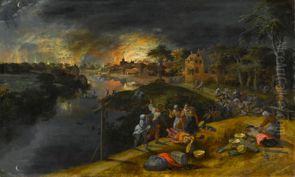 Scene of War and Fire Oil Painting by Gillis Mostaert