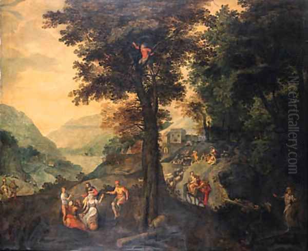 The Flight into Egypt with peasants resting under a tree nearby and a shepherd with his flock on a road beyond, a valley in the distance Oil Painting by Gillis Mostaert
