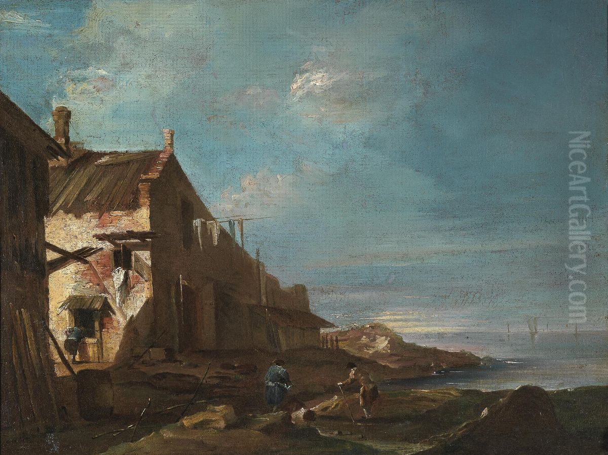 A Coastal Architectural Capriccio Oil Painting by Francesco Guardi