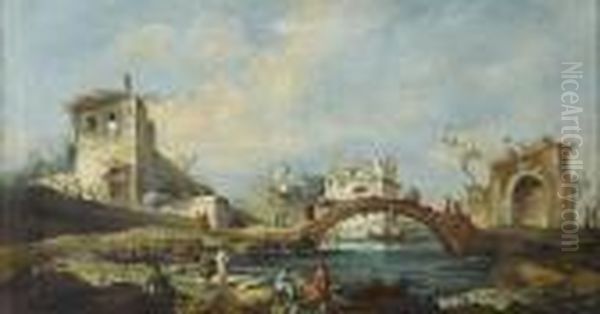 A 
Capriccio 
 With Figures Standing Before A Bridge Oil Painting by Francesco Guardi