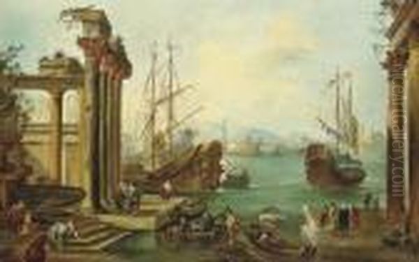 A Capriccio Of An Italianate 
Harbour Bordered By Classical Ruins With Figures On The Quaiside Oil Painting by Francesco Guardi
