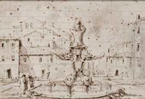 Personnages Autour De La 
Fontaine Du Triton A Rome; Et Gondolesdevant Le Palazzo Labia A Venise Oil Painting by Francesco Guardi