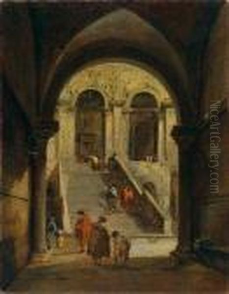 Der Innenhofeines Palastes Mit 
Einer An Die Gigantentreppe Im Dogenpalasterinnernden Stiege Oil Painting by Francesco Guardi