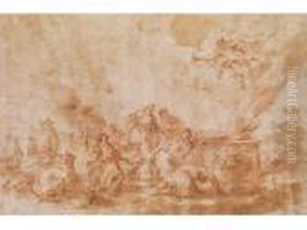 Biblische Opferungsszene (scena Di Un Sacrificio) 
28 X 42 Cm. Oil Painting by Francesco Guardi