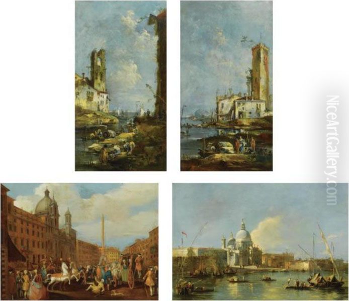 A Pair Of Italianate Harbour 
Scenes, With Small Vessels, And Numerous Figures On The Quays Oil Painting by Francesco Guardi