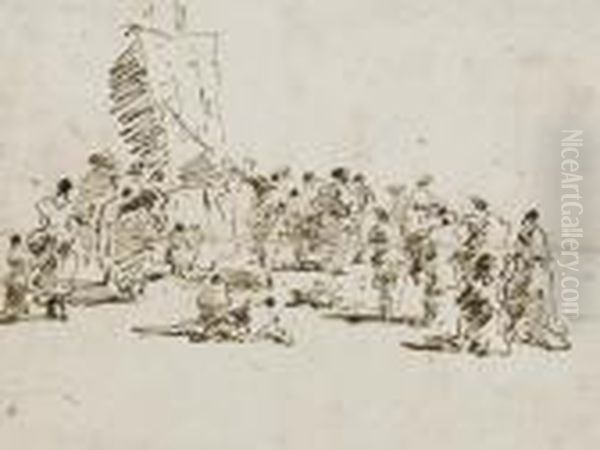 Une Foule De Personnages Autour 
D'un Homme Pointant Son Baton Sur Un Chevalet (recto); Etudes D'elements
 Architecturaux (verso) Oil Painting by Francesco Guardi