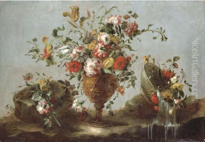 Roses, Peonies And Tulips In A 
Gold Sculpted Urn With Flowers In A Pewter Bowl By A Rock Pool Oil Painting by Francesco Guardi