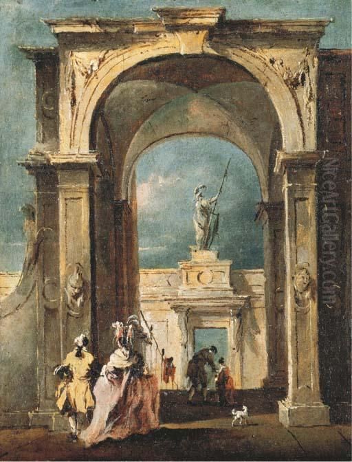 A Capriccio With An Elegant 
Couple Approaching An Arch Descendingto A Doorway Surmounted By A Statue
 Of Minerva Oil Painting by Francesco Guardi