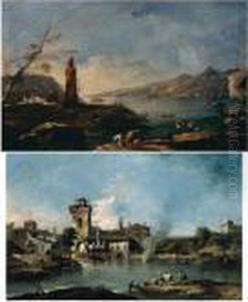 A Capriccio Landscape With A 
Rustic Village And Medieval Tower, A Fire In The Middle-ground, And A 
Herder Driving Cattle Towards A River; A Capriccio Landscape With A 
Rustic Tower By A Lake, Figures Loading Their Wares On A Boat In The 
Foreground Oil Painting by Francesco Guardi