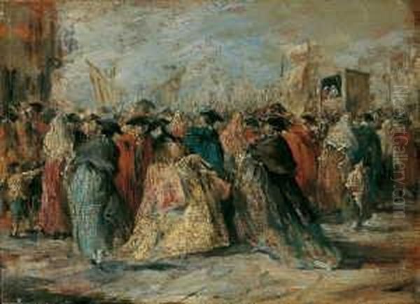 Nachfolge Maskentreiben Wahrend 
Des Karnevals In Venedig. Ol Auf Hol. H 17,5; B 24 Cm. Provenienz: Slg. 
Bremen, Krefeld Oil Painting by Francesco Guardi