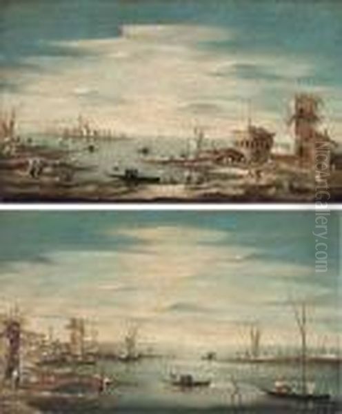 A Capriccio Of Santa Maria Della
 Salute, Venice, From Across Thelagoon; And A Capricco Of The Venetian 
Lagoon With Boatmen Oil Painting by Francesco Guardi
